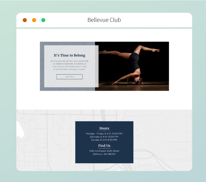 BellevueClub.com - Main navigation menu with faded background.