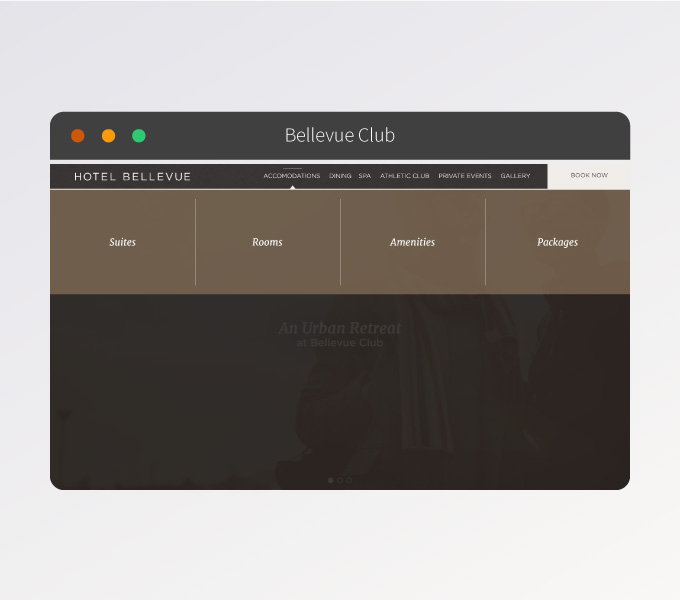TheHotelBellevue.com - Main navigation with faded background.