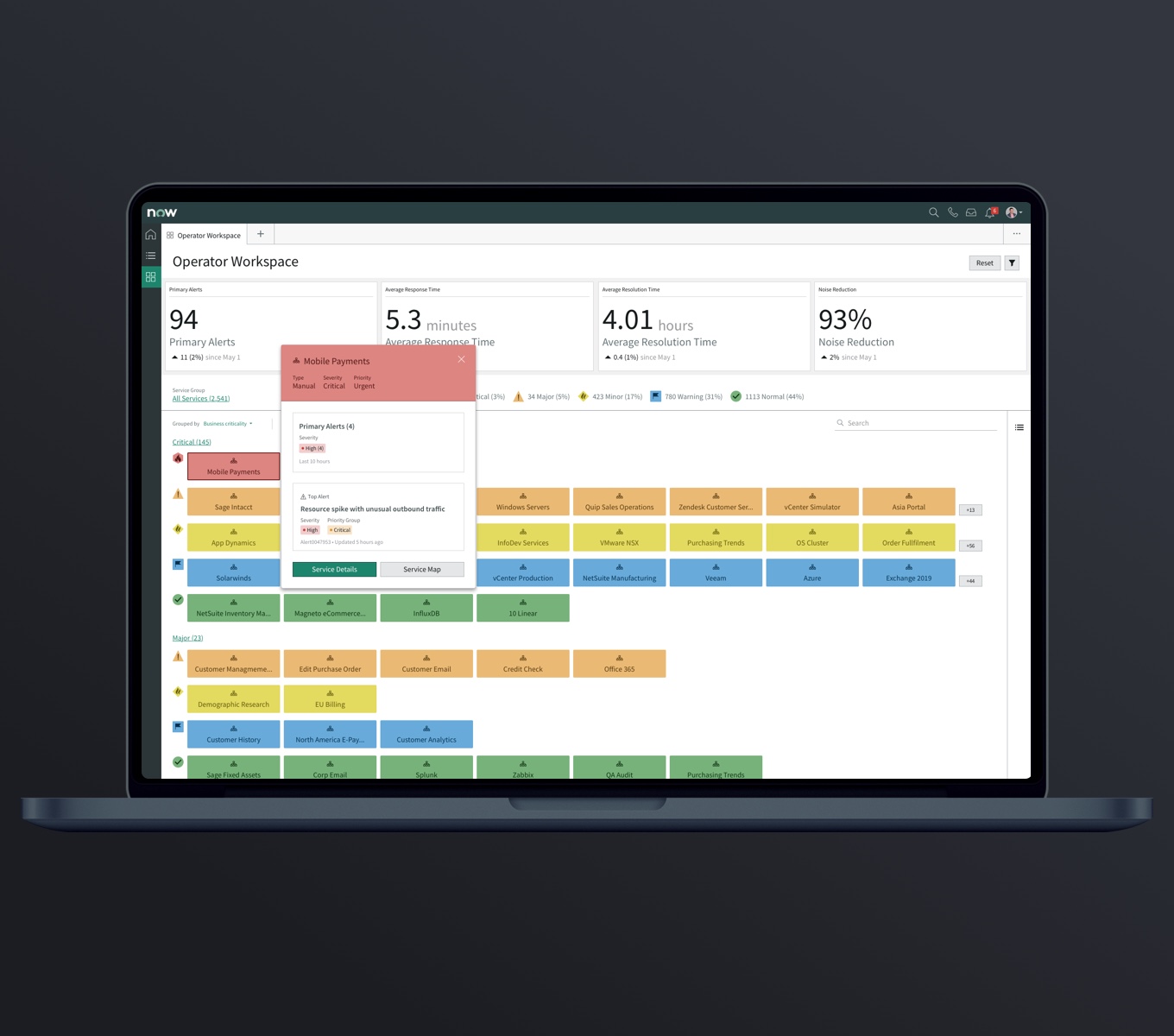 ServiceNow Operator Workspace - Operator Workspace Service Health Dashboard with  a service popover showing detailed breakdown.